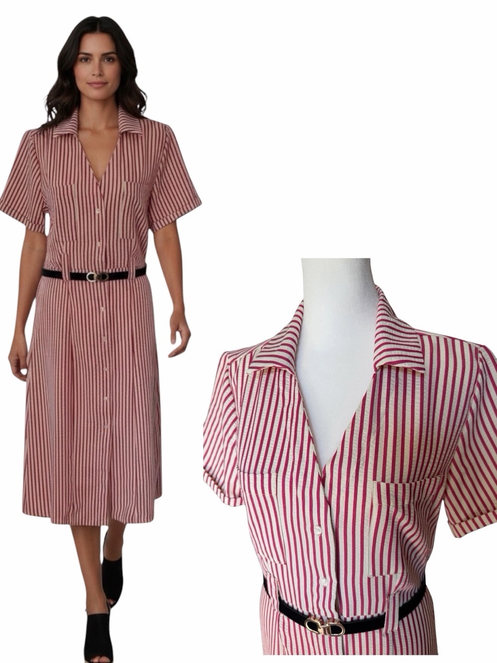 🩷Vintage-Inspired FASHION NOVA Pink & White Striped Button-Front Dress.